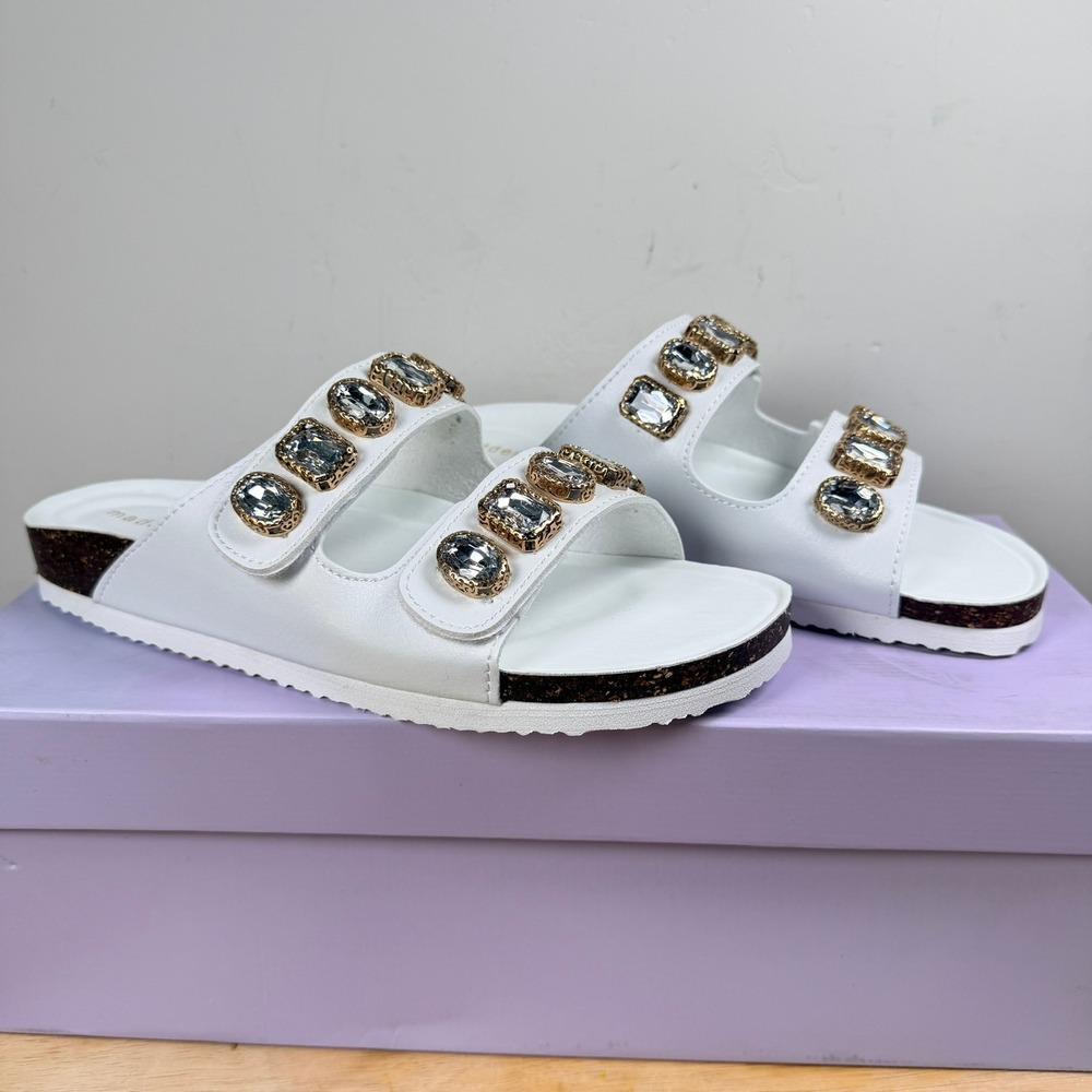 Madden Girl Baby Slide Sandals Womens‎ 7.5 White Jeweled Bridal Double Strap